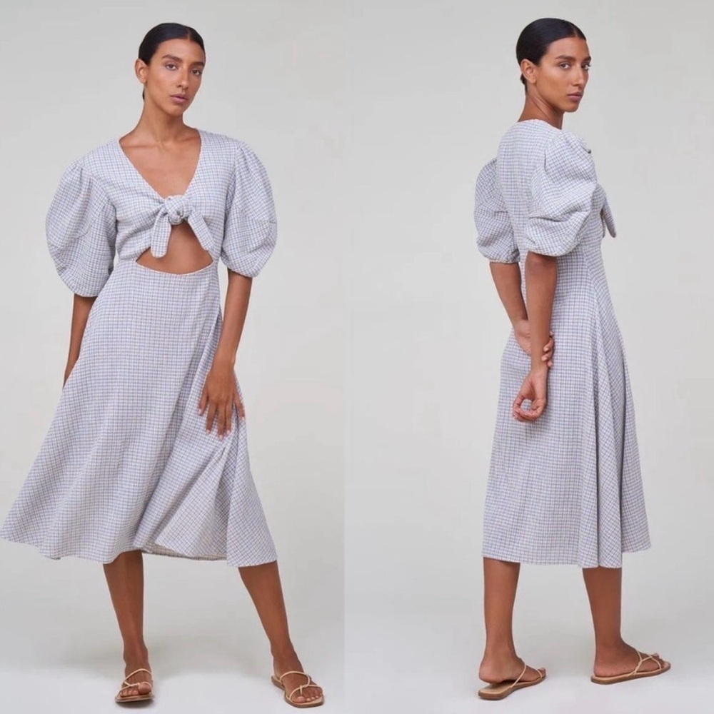 Rhode Ginny Puff Sleeve Tie Front Midi Dress in Cerulean Size 8 NWT